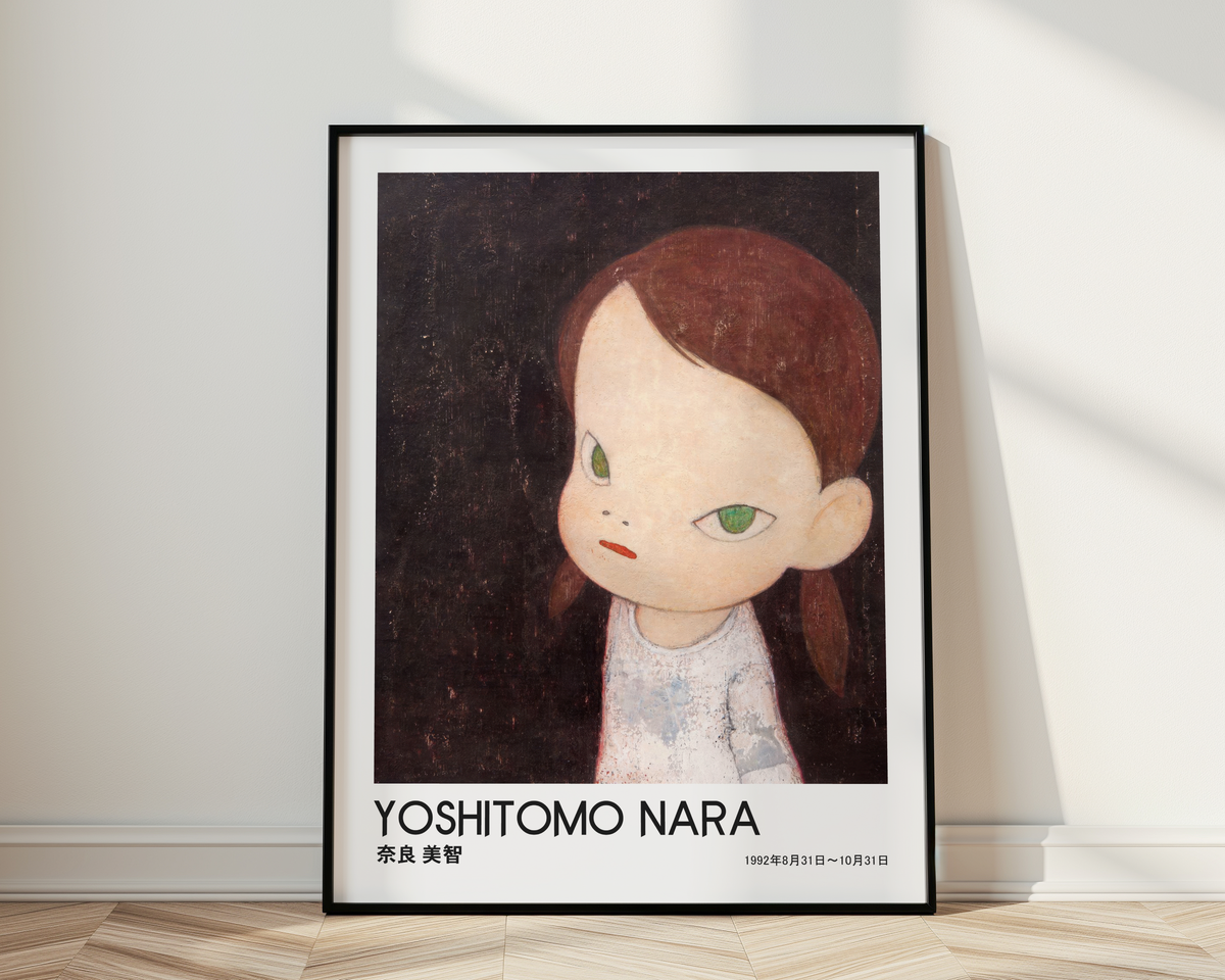 Yoshitomo Nara Girl on Dark Background Poster, Japanese Contemporary Art Print, Green Eyes Wall Decor, Moody Art