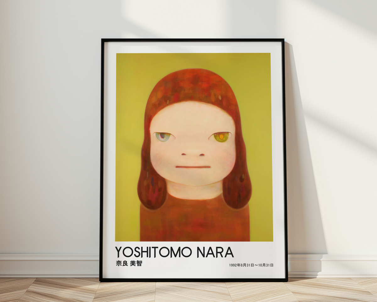Yoshitomo Nara Red Haired Girl Poster, Two Tone Eyes Yellow Green Background, Japanese Contemporary Art Print