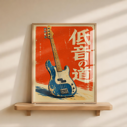 Japanese Bass Guitar Poster, Distressed Blue Electric Bass on Red Background, Retro Music Wall Art