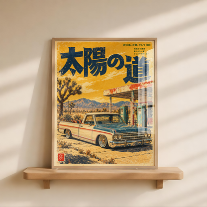 Vintage Japanese Desert Truck Poster, Classic Pickup at a Roadside Gas Station, Retro Americana Wall Art