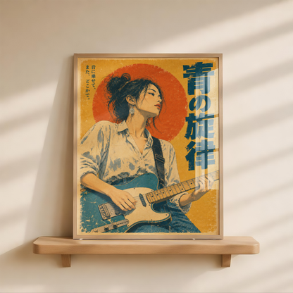 Japanese Rock Music Poster, Woman Playing Electric Guitar, Red Sun Retro Vintage Wall Art