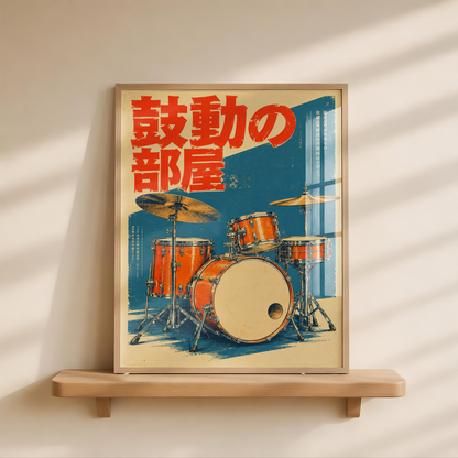 Japanese Drum Kit Poster, Orange Vintage Acoustic Drums on Blue, Retro Music Studio Wall Art