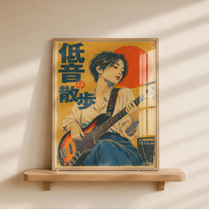 Japanese Woman Bassist Print, Sunburst Bass Guitar and Red Sun, Mustard Yellow Vintage Music Poster