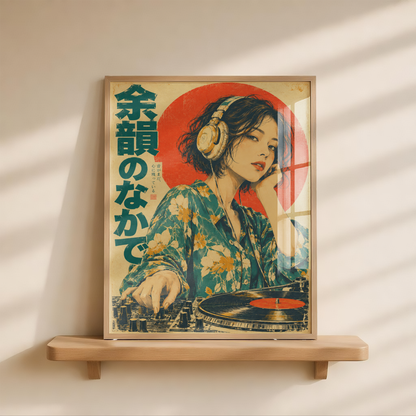 Japanese Female DJ Print, Floral Shirt Woman with Vinyl Turntable and Headphones, Teal and Red Retro Music Poster