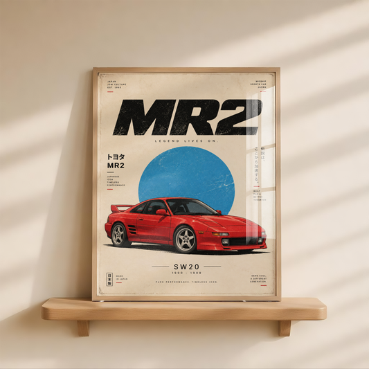 Retro Japanese Sports Car Poster, Minimalist 90s JDM Wall Art, Red Mid Engine Coupe Print, Vintage Car Illustration, Garage Decor