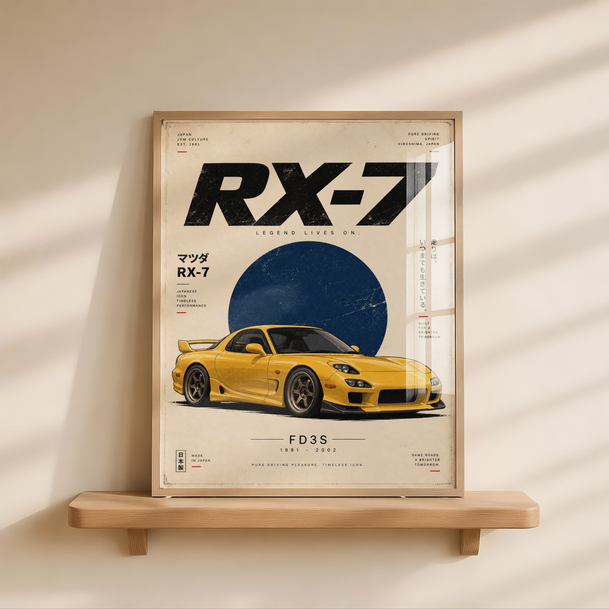 Yellow Japanese Sports Car Poster, 90s JDM Tuner Wall Art, Minimalist Rotary Coupe Print, Retro Automotive Garage Decor
