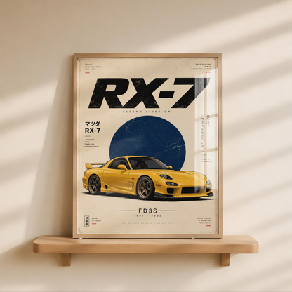 Yellow Japanese Sports Car Poster, 90s JDM Tuner Wall Art, Minimalist Rotary Coupe Print, Retro Automotive Garage Decor