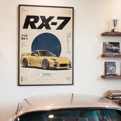 Yellow Japanese Sports Car Poster, 90s JDM Tuner Wall Art, Minimalist Rotary Coupe Print, Retro Automotive Garage Decor
