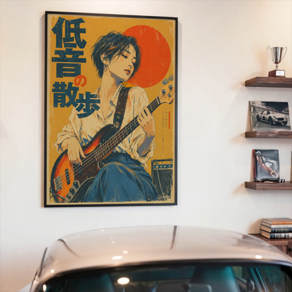 Japanese Woman Bassist Print, Sunburst Bass Guitar and Red Sun, Mustard Yellow Vintage Music Poster