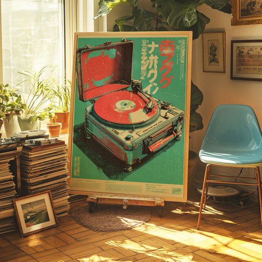 Retro Japanese Portable Turntable Playing a Red Vinyl Record in a Vintage Suitcase with Bold Graphic Styling