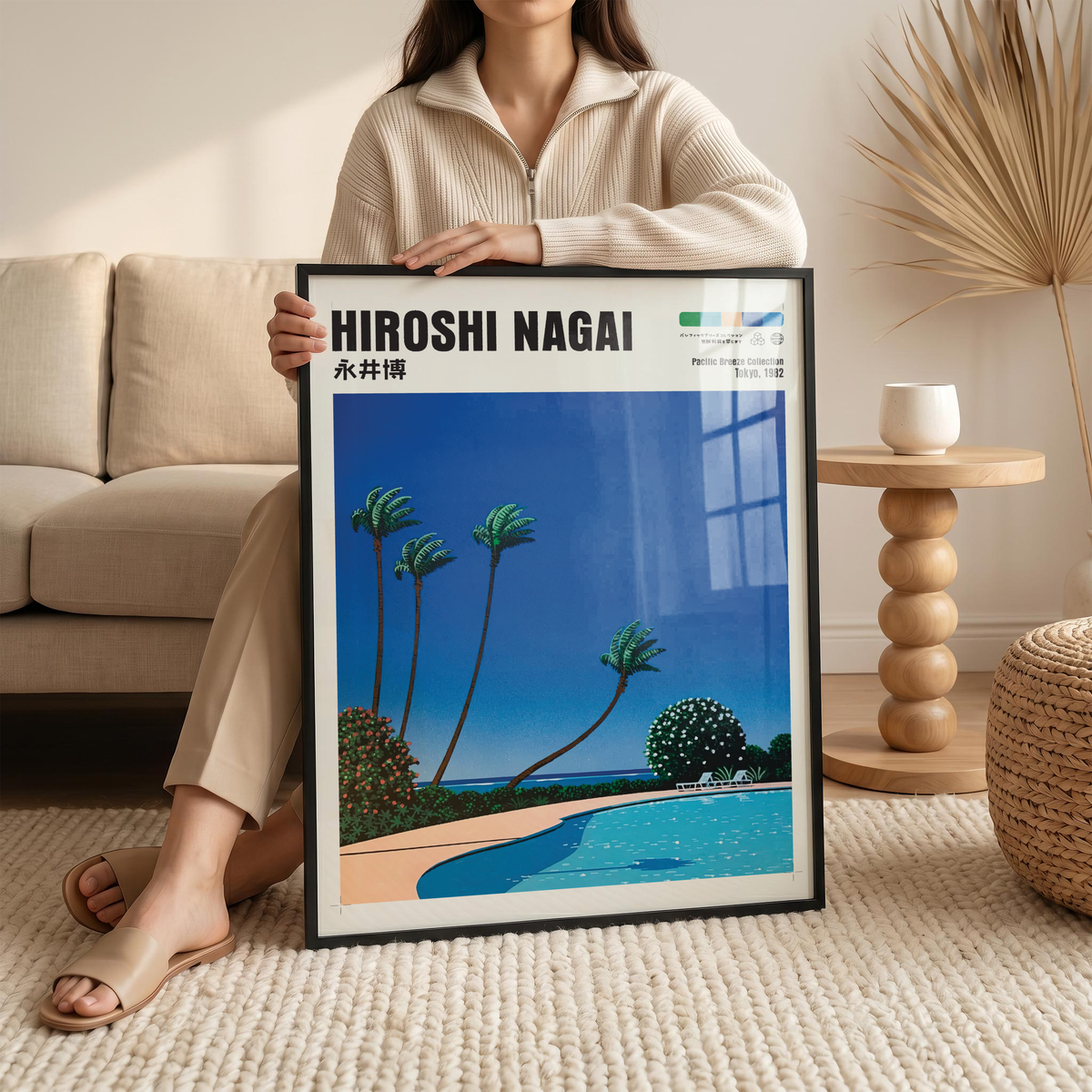 Hiroshi Nagai Pacific Breeze Poster, Tropical Pool Art, Japanese Beach Print, Palm Tree Wall Decor, Retro Summer City Pop