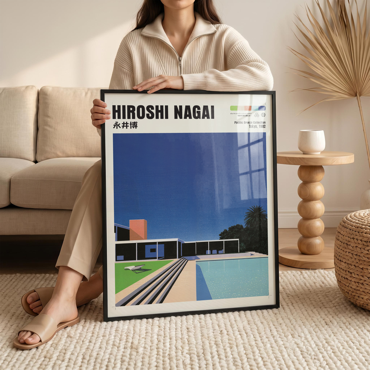 Hiroshi Nagai Pacific Breeze Poster, Mid Century Pool House Art, Japanese Retro Architecture Print, Blue Summer Wall Decor
