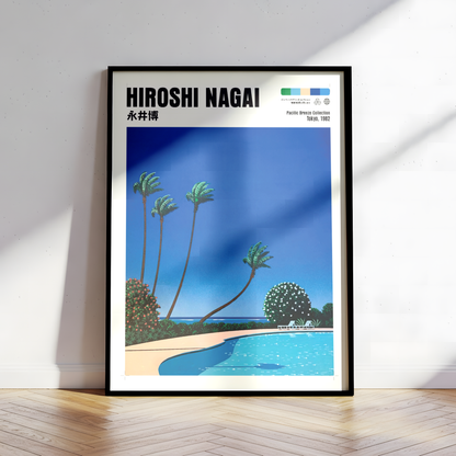 Hiroshi Nagai Pacific Breeze Poster, Tropical Pool Art, Japanese Beach Print, Palm Tree Wall Decor, Retro Summer City Pop