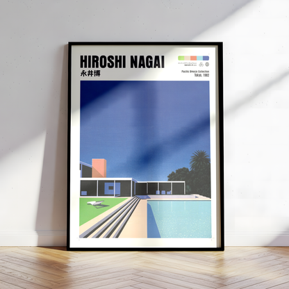 Hiroshi Nagai Pacific Breeze Poster, Mid Century Pool House Art, Japanese Retro Architecture Print, Blue Summer Wall Decor