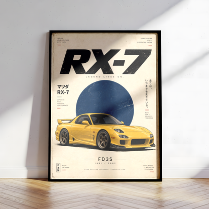 Yellow Japanese Sports Car Poster, 90s JDM Tuner Wall Art, Minimalist Rotary Coupe Print, Retro Automotive Garage Decor