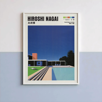 Hiroshi Nagai Pacific Breeze Poster, Mid Century Pool House Art, Japanese Retro Architecture Print, Blue Summer Wall Decor