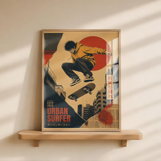 Urban Skateboarding Poster, Japanese Street Skater Wall Art, Retro City Skate Print, Vintage Skate Culture Decor, Tokyo Style Skate Art