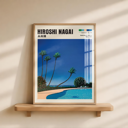 Hiroshi Nagai Pacific Breeze Poster, Tropical Pool Art, Japanese Beach Print, Palm Tree Wall Decor, Retro Summer City Pop