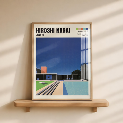 Hiroshi Nagai Pacific Breeze Poster, Mid Century Pool House Art, Japanese Retro Architecture Print, Blue Summer Wall Decor