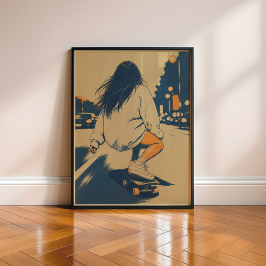 Skate Girl Poster, Female Skateboarder Wall Art, Retro City Skate Print, Vintage Street Style Decor, Night Skate Art, Skate Room Poster