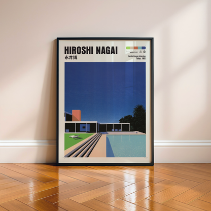 Hiroshi Nagai Pacific Breeze Poster, Mid Century Pool House Art, Japanese Retro Architecture Print, Blue Summer Wall Decor