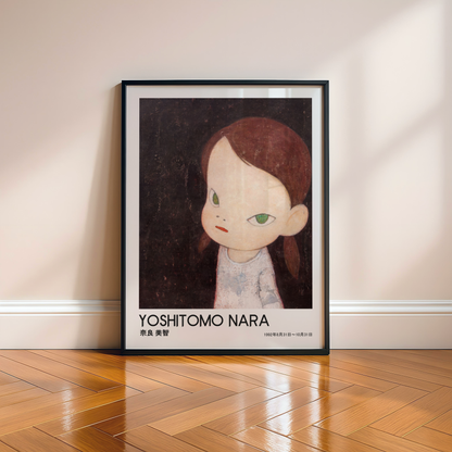 Yoshitomo Nara Girl on Dark Background Poster, Japanese Contemporary Art Print, Green Eyes Wall Decor, Moody Art
