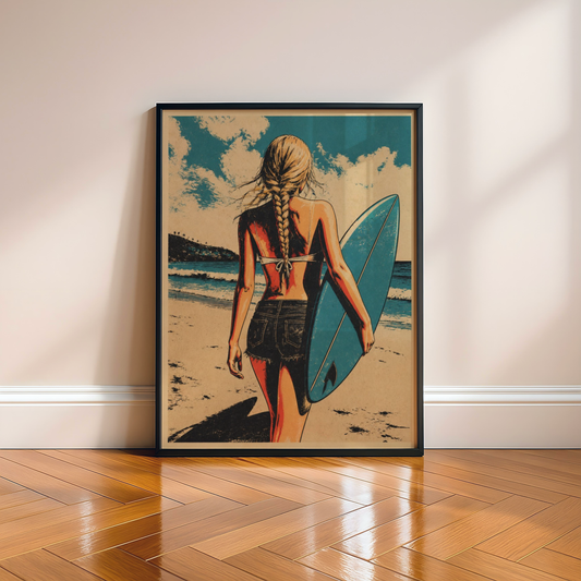 Vintage Surfer Girl Poster, Retro Surf Art Print, Beach Illustration, Ocean Wall Decor, Coastal Summer Art