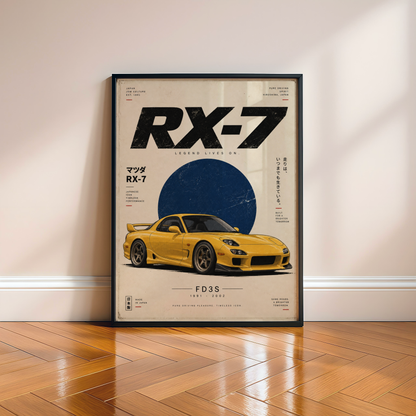 Yellow Japanese Sports Car Poster, 90s JDM Tuner Wall Art, Minimalist Rotary Coupe Print, Retro Automotive Garage Decor