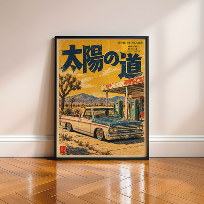 Vintage Japanese Desert Truck Poster, Classic Pickup at a Roadside Gas Station, Retro Americana Wall Art