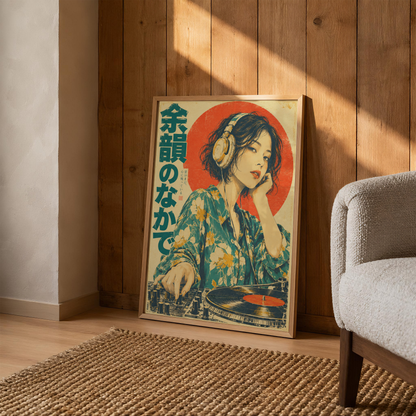 Japanese Female DJ Print, Floral Shirt Woman with Vinyl Turntable and Headphones, Teal and Red Retro Music Poster