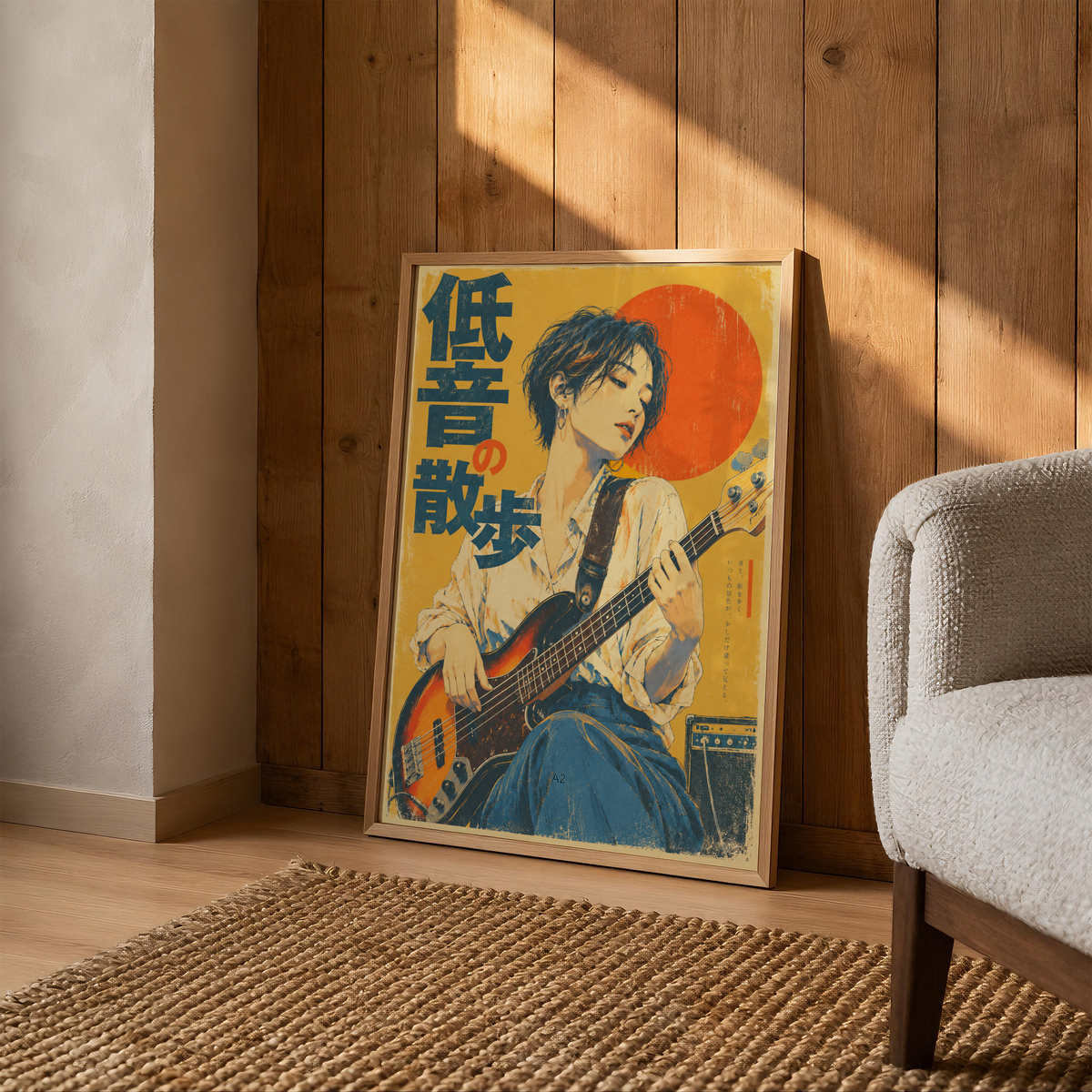 Japanese Woman Bassist Print, Sunburst Bass Guitar and Red Sun, Mustard Yellow Vintage Music Poster