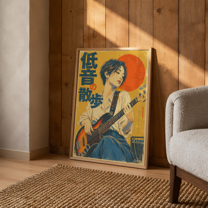 Japanese Woman Bassist Print, Sunburst Bass Guitar and Red Sun, Mustard Yellow Vintage Music Poster