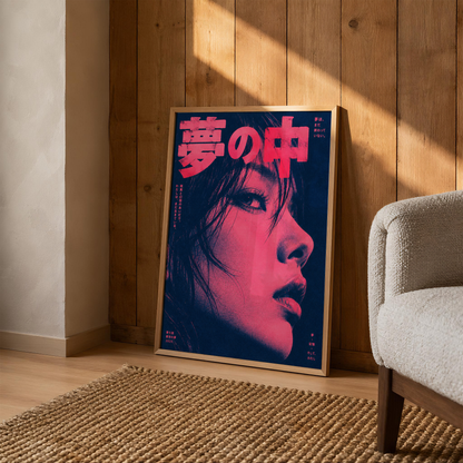 Tokyo Dream Poster, Pink and Navy Japanese Pop Art Portrait, High Contrast Retro Wall Art