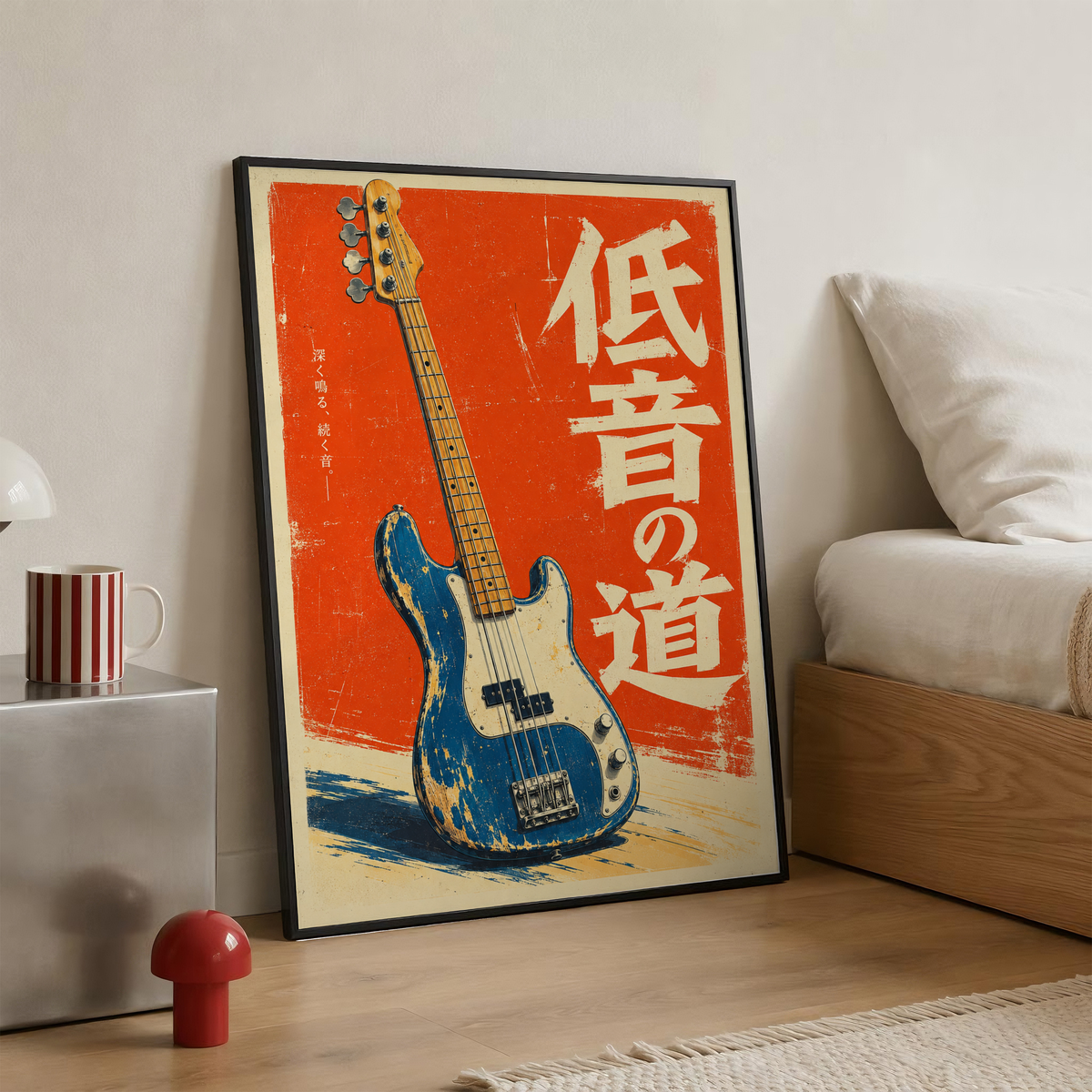 Japanese Bass Guitar Poster, Distressed Blue Electric Bass on Red Background, Retro Music Wall Art