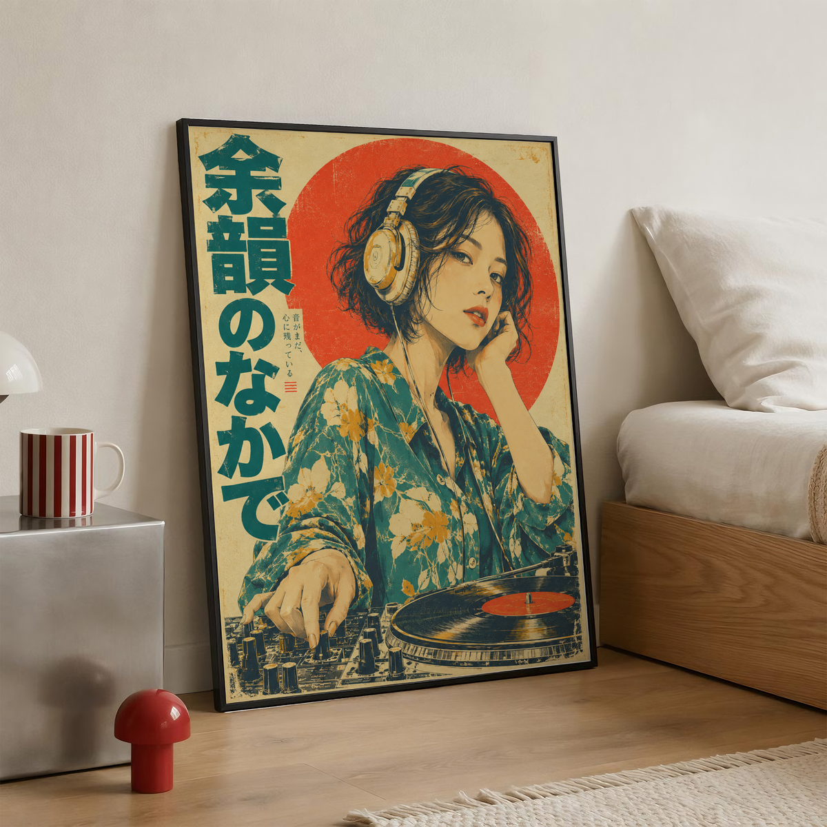 Japanese Female DJ Print, Floral Shirt Woman with Vinyl Turntable and Headphones, Teal and Red Retro Music Poster