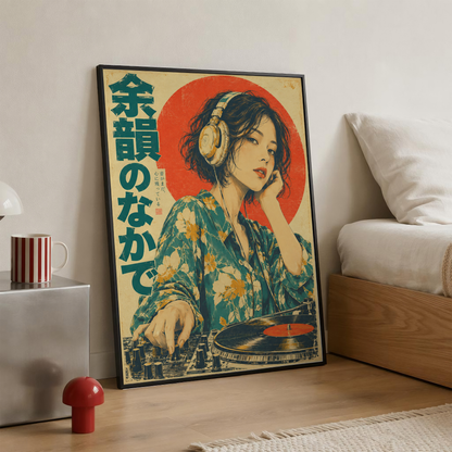 Japanese Female DJ Print, Floral Shirt Woman with Vinyl Turntable and Headphones, Teal and Red Retro Music Poster