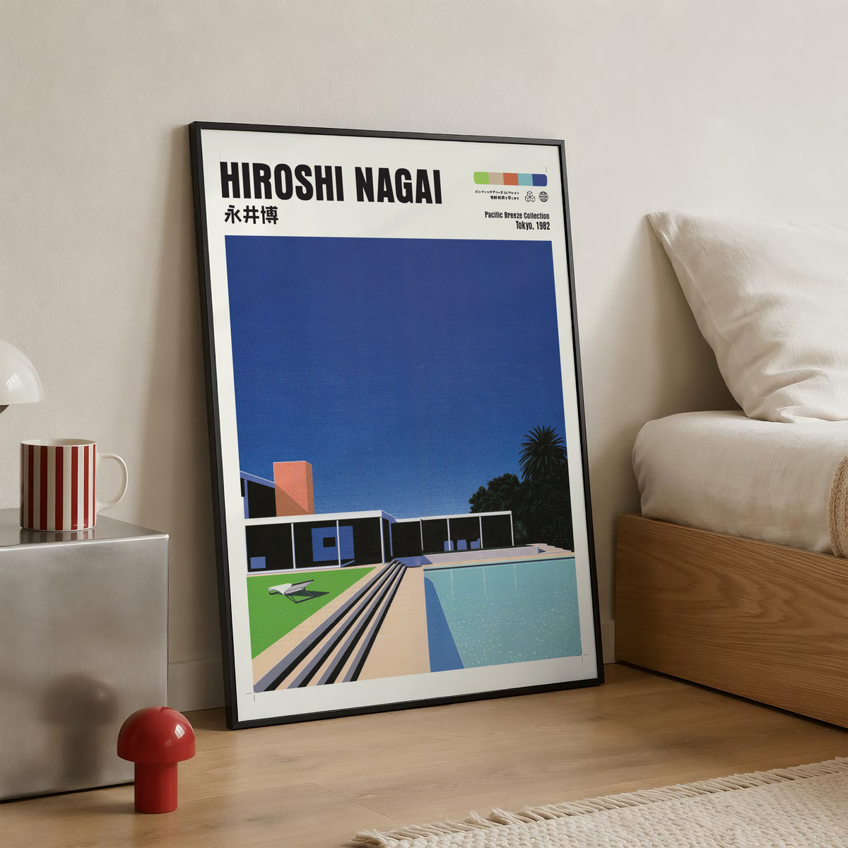 Hiroshi Nagai Pacific Breeze Poster, Mid Century Pool House Art, Japanese Retro Architecture Print, Blue Summer Wall Decor