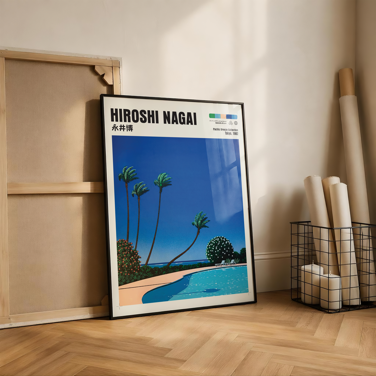 Hiroshi Nagai Pacific Breeze Poster, Tropical Pool Art, Japanese Beach Print, Palm Tree Wall Decor, Retro Summer City Pop