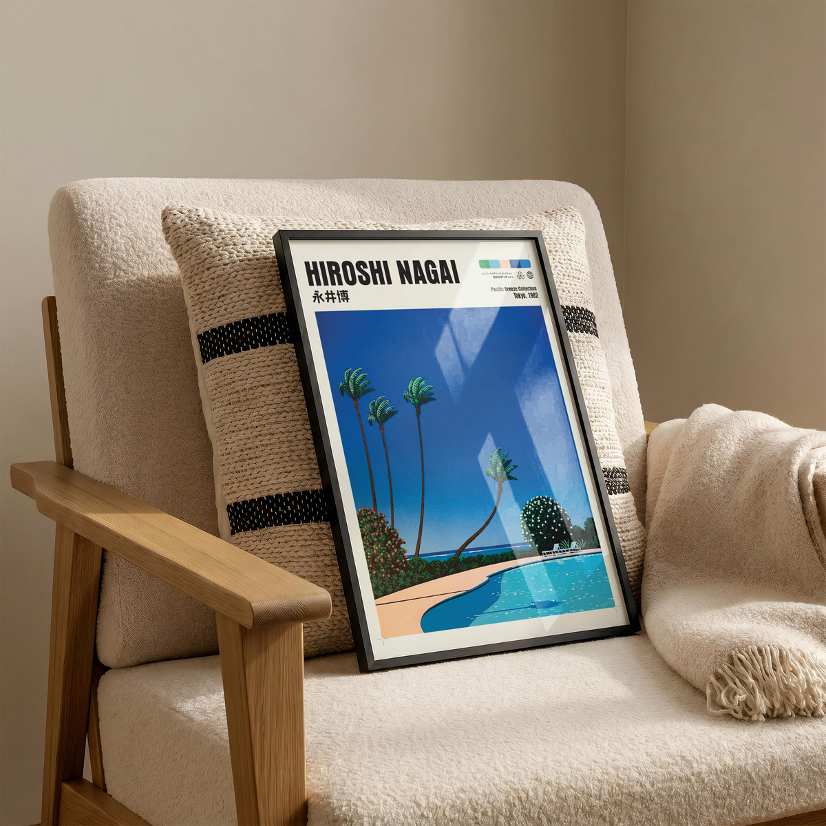 Hiroshi Nagai Pacific Breeze Poster, Tropical Pool Art, Japanese Beach Print, Palm Tree Wall Decor, Retro Summer City Pop