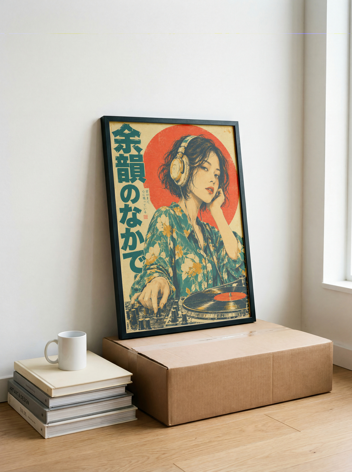Japanese Female DJ Print, Floral Shirt Woman with Vinyl Turntable and Headphones, Teal and Red Retro Music Poster