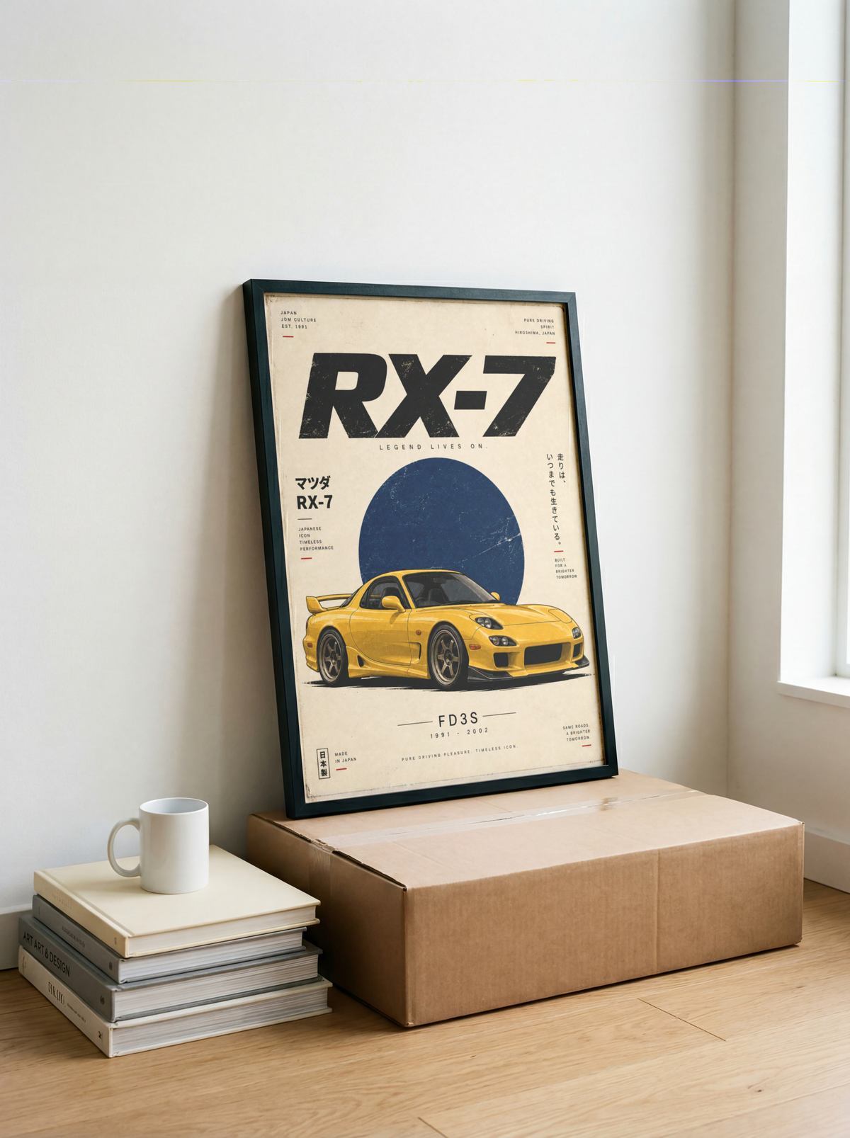 Yellow Japanese Sports Car Poster, 90s JDM Tuner Wall Art, Minimalist Rotary Coupe Print, Retro Automotive Garage Decor