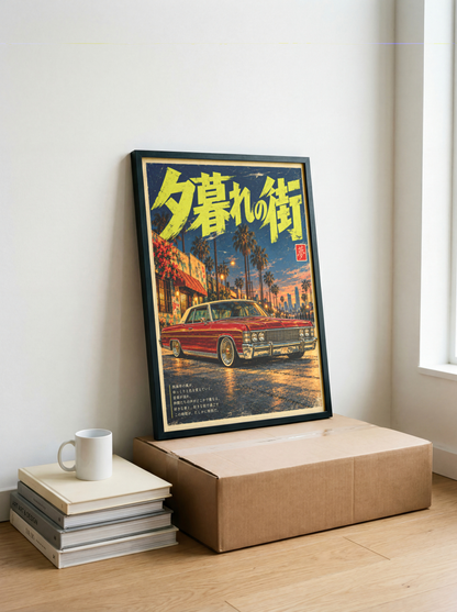 Japanese Classic Car Poster, Red Vintage Sedan Under Palm Trees at Sunset, Retro Street Scene Wall Art