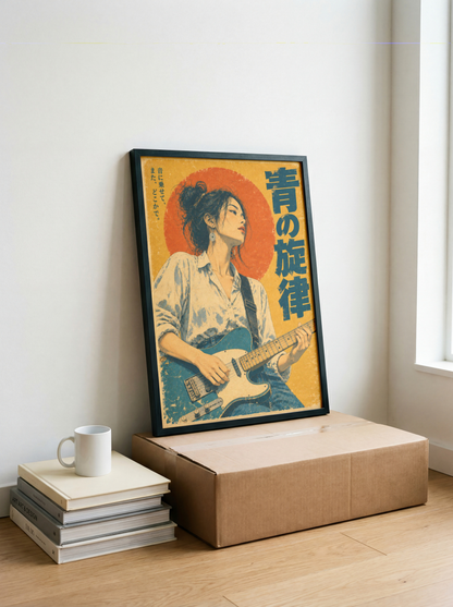 Japanese Rock Music Poster, Woman Playing Electric Guitar, Red Sun Retro Vintage Wall Art
