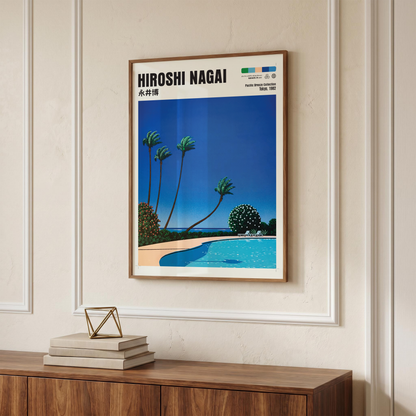 Hiroshi Nagai Pacific Breeze Poster, Tropical Pool Art, Japanese Beach Print, Palm Tree Wall Decor, Retro Summer City Pop
