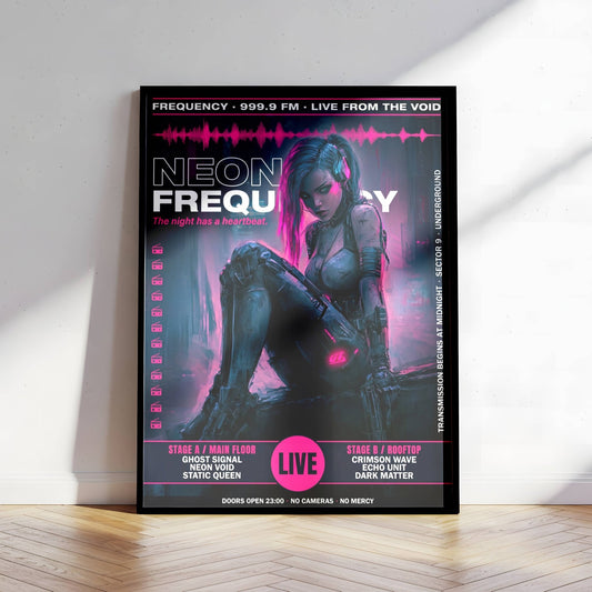 ☣️🧬 Série limitée Art Cyberpunk - Poster Cybergirl Neon Frequency - Aura Studio Déco