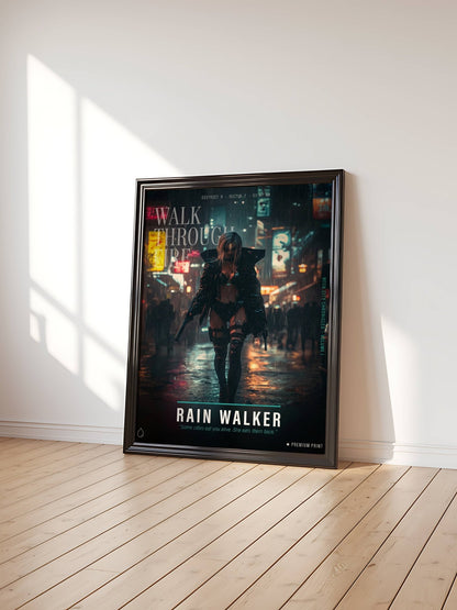 ☣️🧬 Série limitée Art Cyberpunk - Poster Cybergirl Rain Walker - Aura Studio Déco