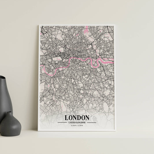 Affiche Carte Ville Minimaliste London UK Napolitain – Poster Urbain Moderne Rose & Noir | Décoration Murale Papier Mat