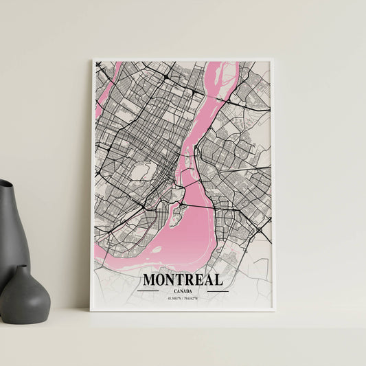 Affiche Carte Ville Minimaliste Montréal Canada Napolitain – Poster Urbain Moderne Rose & Noir | Décoration Murale Papier Mat