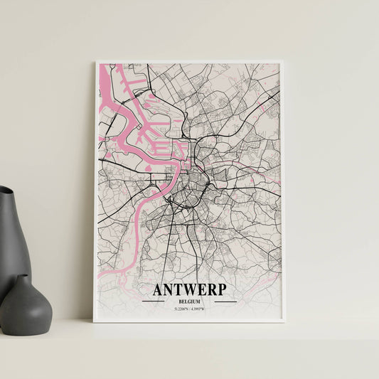 Affiche Carte Ville Minimaliste Antwerp Belgium Napolitain – Poster Urbain Moderne Rose & Noir | Décoration Murale Papier Mat