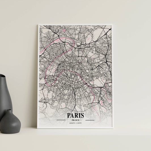 Affiche Carte Ville Minimaliste Paris France Napolitain – Poster Urbain Moderne Rose & Noir | Décoration Murale Papier Mat